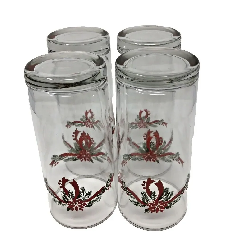 Anchor Hocking Poinsettia & Ribbon Tumblers Holiday Iced Teas 16 oz Set of 4 NEW